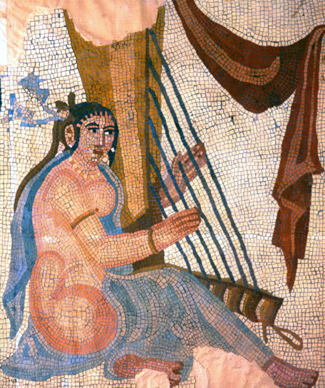 Mosaic of female harpist playing music. From ancient Iran.